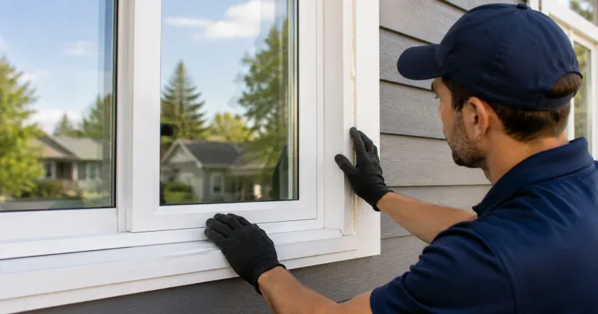 technician comparing full-frame and retrofit window replacement options in Hamilton