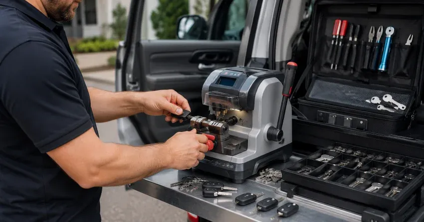 technician cutting a replacement car door lock key in Hamilton