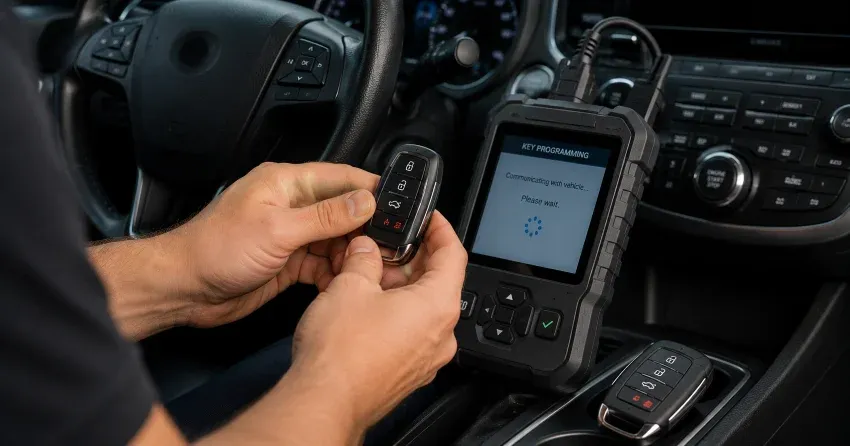 technician inspecting a worn car key before replacement in Rymal, Hamilton