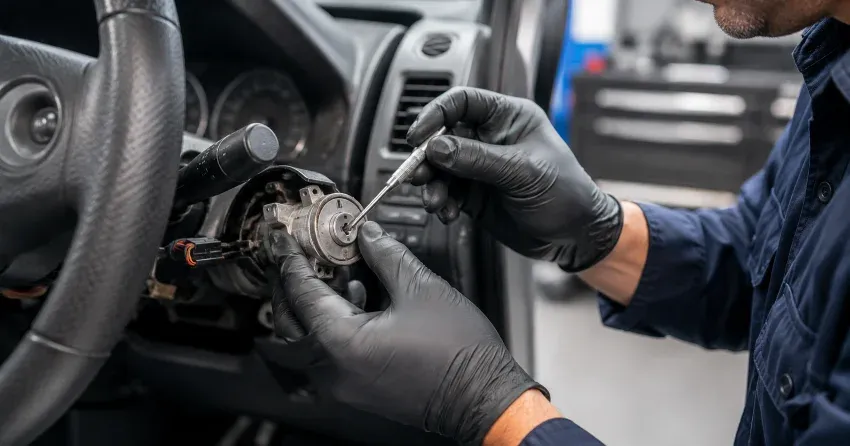 technician diagnosing an ignition lock repair issue in Hamilton