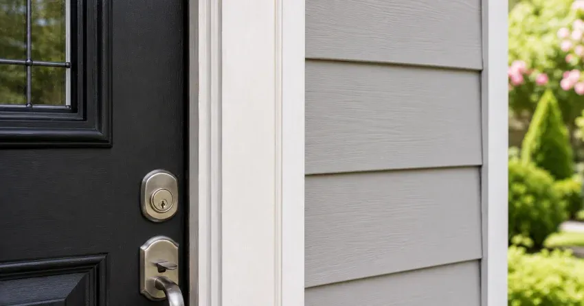 technician inspecting door jamb behind cracked casing in Glenview, Hamilton home