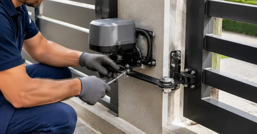 technician diagnosing automatic gate motor and control panel in Blakely, Hamilton
