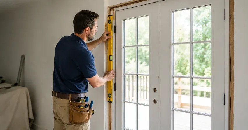 newly installed French doors with divided glass panes in Strathcona, Hamilton