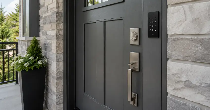 High-security door hardware and access control keypad installed on a residential entry door in Sunninghill, Hamilton