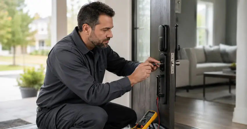 technician diagnosing automatic door lock mechanism on residential door in Jerome, Hamilton