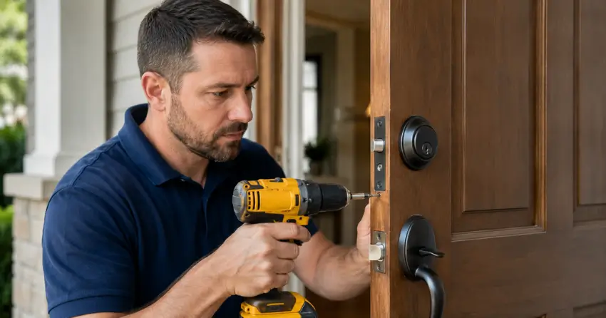 technician installing a new deadbolt during Change Door Lock Gibson, Hamilton service