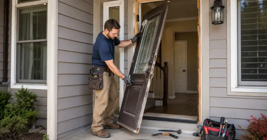 old exterior door being removed for replacement in St. Clair, Hamilton