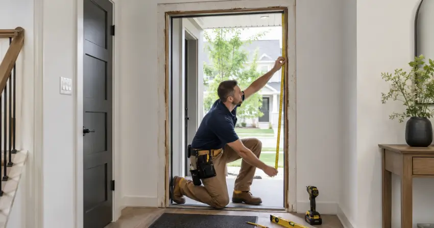 technician measuring a door frame before new door installation in Falkirk, Hamilton