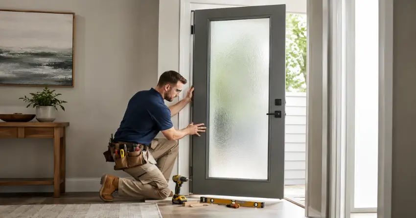 glass panel door installation with frosted privacy glass in residential setting in Hamilton