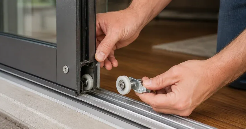 sliding door alignment Winona, Hamilton technician adjusting roller track