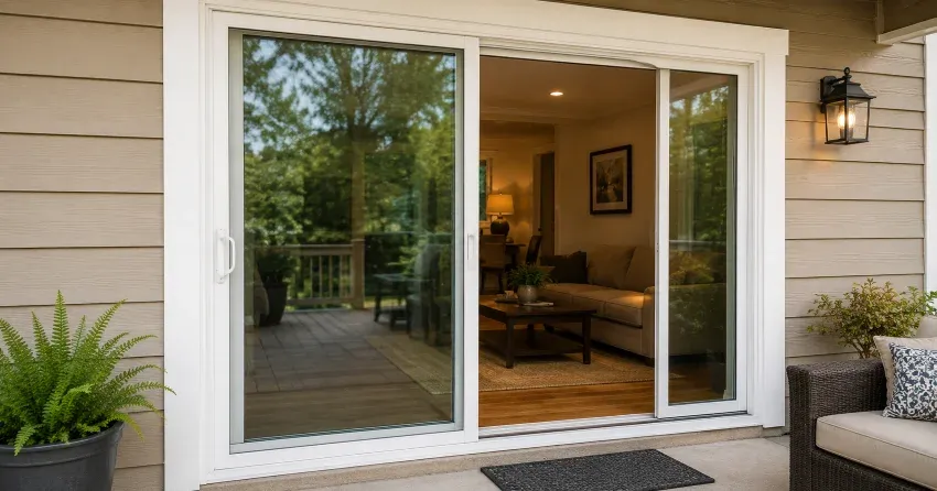Patio Door Installation technician setting a new frame in Beasley, Hamilton