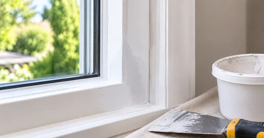 technician repairing rotted window frame corner in Thorner, Hamilton