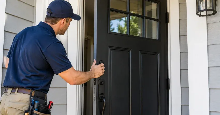 technician adjusting door hinge and strike plate in St. Clair, Hamilton home
