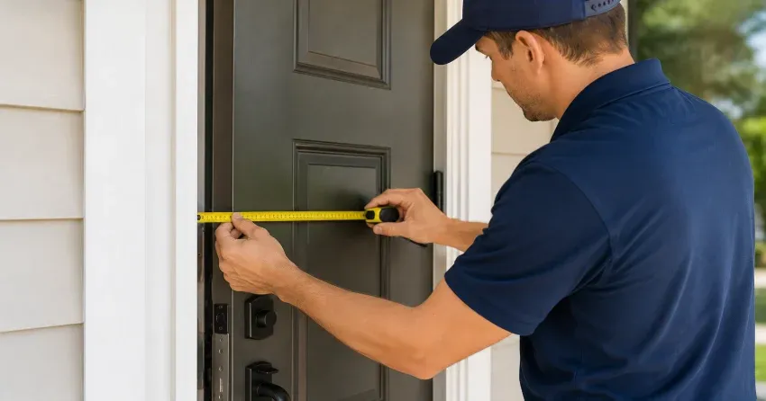 technician adjusting door hinge for alignment in Binbrook, Hamilton