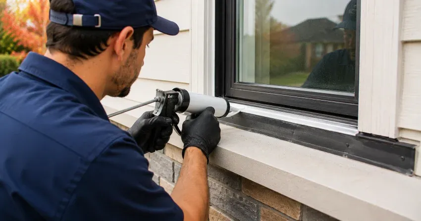 technician inspecting window flashing for leak source in Mount Hope, Hamilton