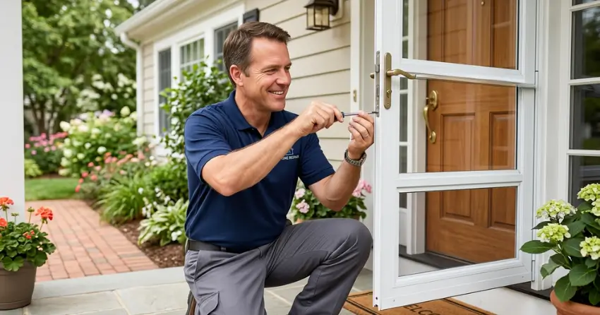technician adjusting storm door hinge and closer in Mountview, Hamilton