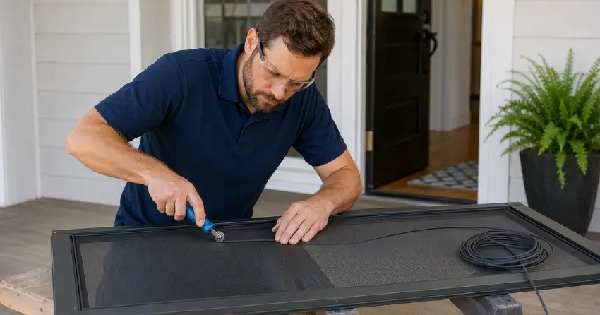 technician replacing screen door mesh and spline in Glenview, Hamilton